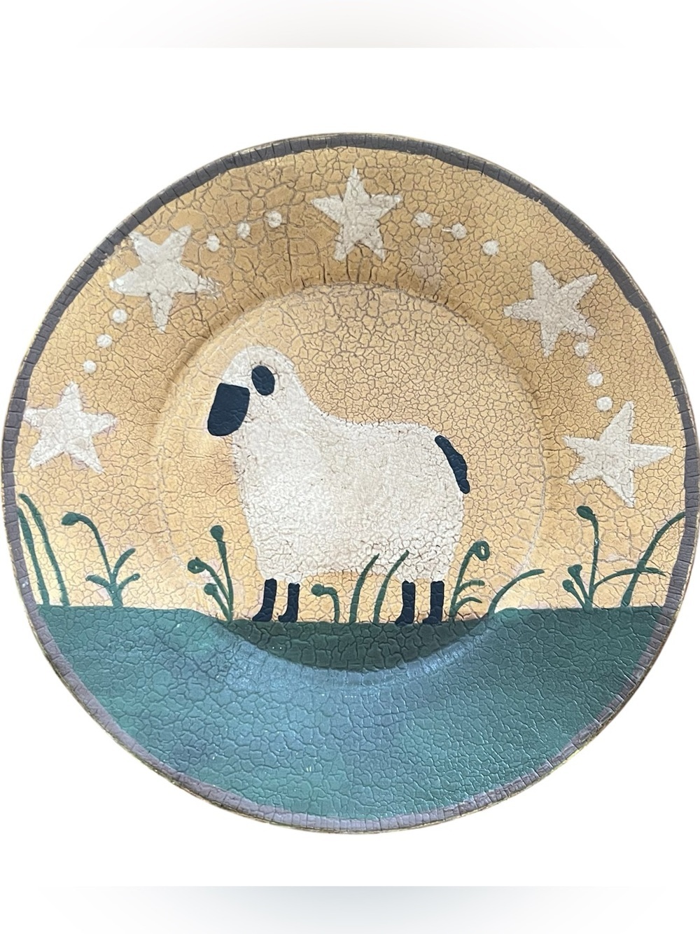 Ragon House primitive redware-style ceramic folk art plate Hand painted Sheep